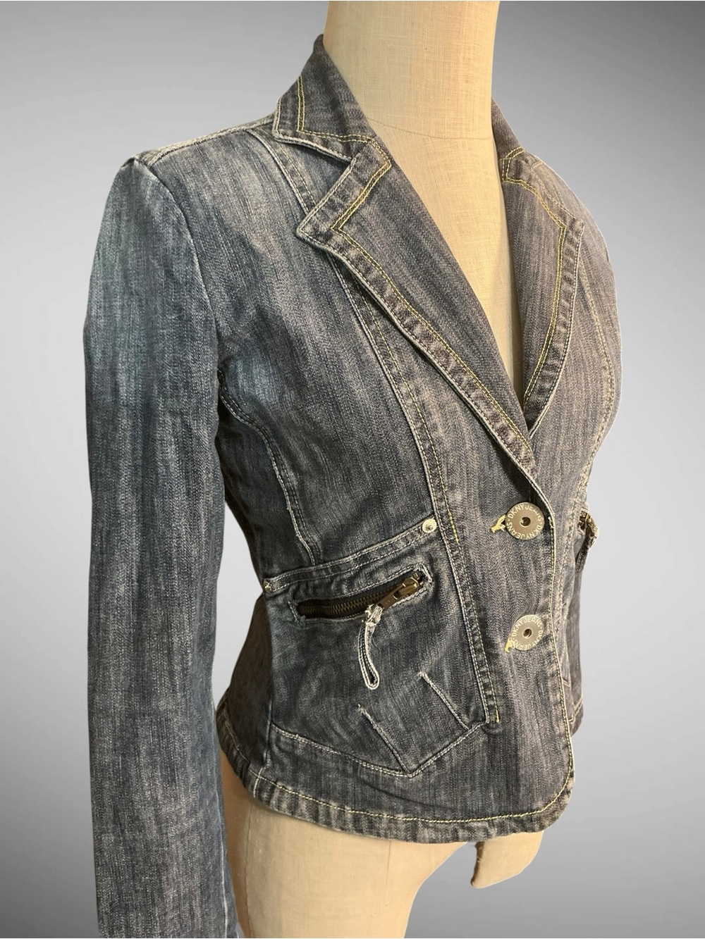 DKNY Jeans Y2K Denim Blazer Petite Small Zip Pocket Fitted Jacket